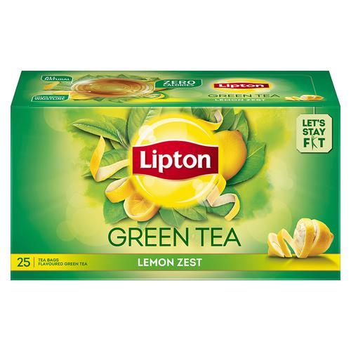 Lipton Lemon Zest Green Tea Bags, 1 Box (25 Bags x 1.3g each)