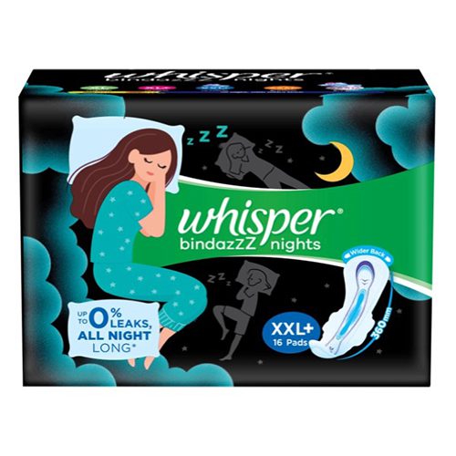 Whisper Bindazzz Nights Sanitary Pads With Wings – XXL Plus, 1 Pack (16 Pads)